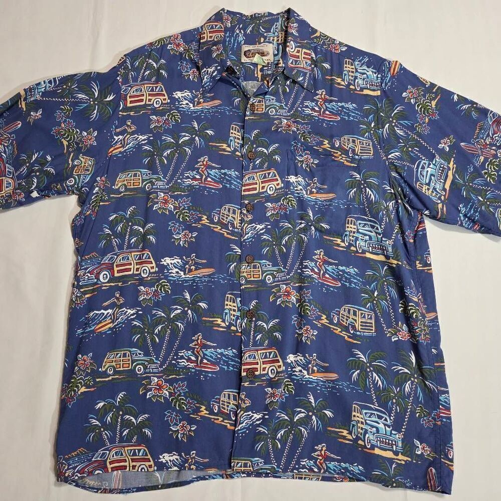 REYN SPOONER ART OF EDDY Y BLUE SURF HOT ROD HAWAIIAN CAMP SHIRT MENS MEDIUM